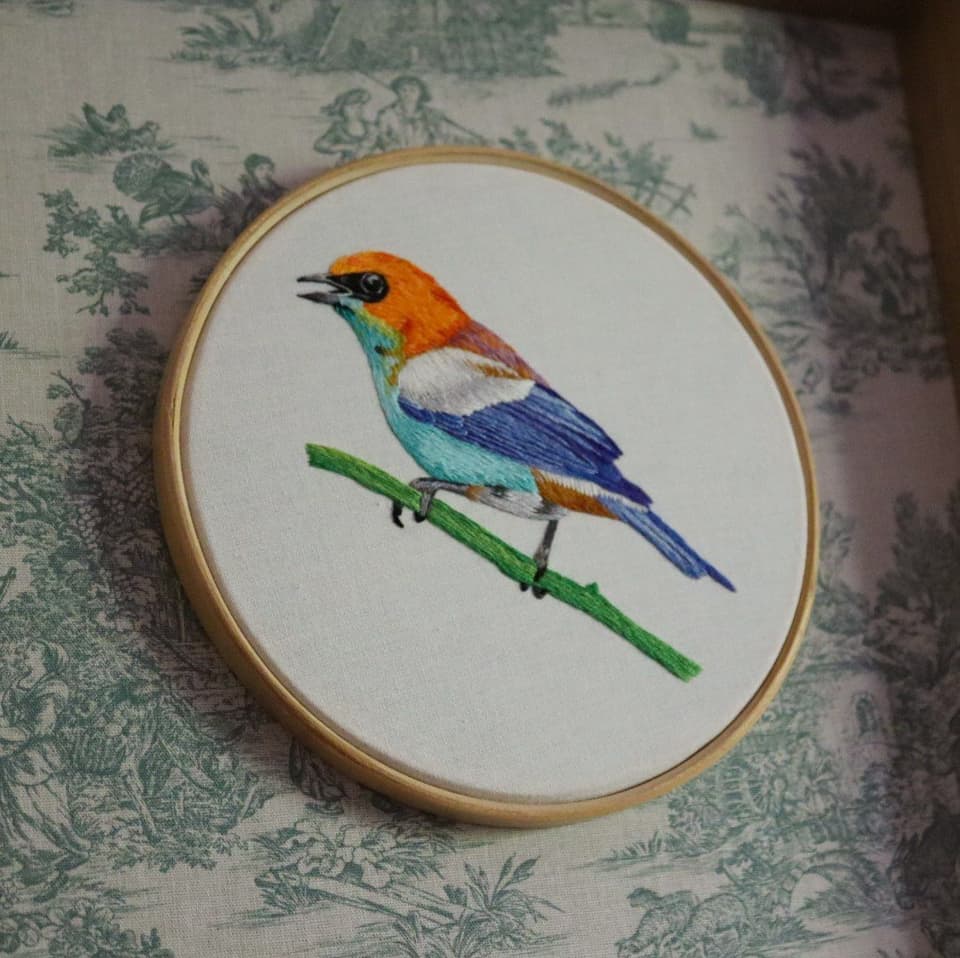 Le Tangara précieux, broderie peinture à l'aiguille